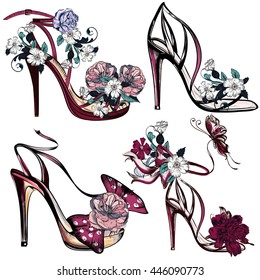 Beautiful collection of female shoes or sandals fashion vector se