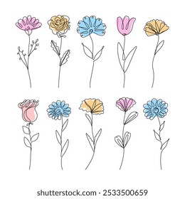 beautiful collection of field and garden flowers, including daisies, roses, cornflowers, and asters, all rendered in a continuous line styl