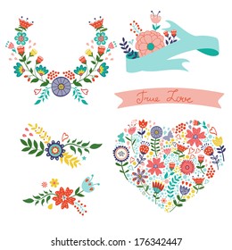 Beautiful collection of floral elements. Ideal for valentine`s day cards, Wedding and Birthday  invitations