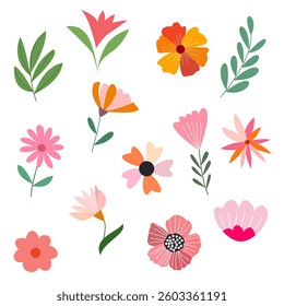 Beautiful collection of flowers and leaves in a modern, minimalist style, perfect for various design projects.