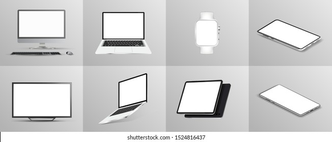 Beautiful collection of gadgets, 3D mockups in realistic style (tablet, tv, laptop,mobile cell phone, smartphones, pc monitor and clock) Gadgets mockups from different angles, perspective, isometric.