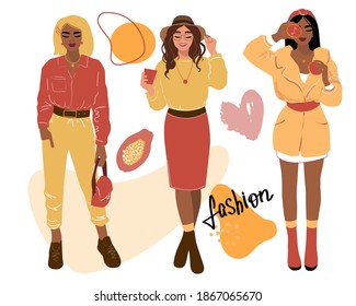 Beautiful collection of girls with coffee, with grapefruits. Fashionable style. Avatar isolated