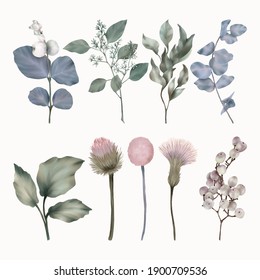 Beautiful collection of green and blue leaves, spring flowers and berries
