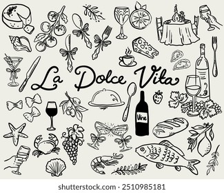 Beautiful collection of hand drawn vector whimsical style La Dolce Vita illustrations