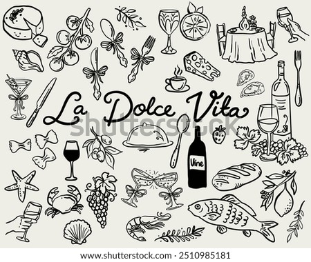 Beautiful collection of hand drawn vector whimsical style La Dolce Vita illustrations