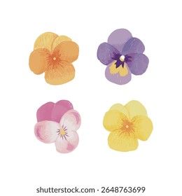 Une belle collection d'alto dessinée à la main et de fleurs de pensée aux couleurs pastel. Idéal pour les invitations, les cartes de voeux, les conceptions printanières, le scrapbooking et les décorations botaniques. Image vectorielle modifiable ⇧
