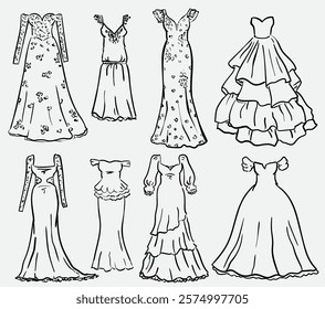 Beautiful collection of hand drawn wedding dresses vector illustration, bridal dresses set