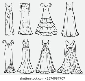 Beautiful collection of hand drawn wedding dresses vector illustration, bridal dresses set