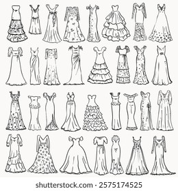 Beautiful collection of hand drawn wedding dresses vector illustration, bridal dresses set
