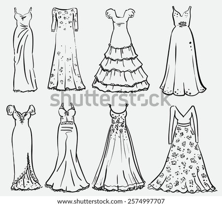 Beautiful collection of hand drawn wedding dresses vector illustration, bridal dresses set