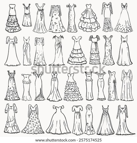 Beautiful collection of hand drawn wedding dresses vector illustration, bridal dresses set
