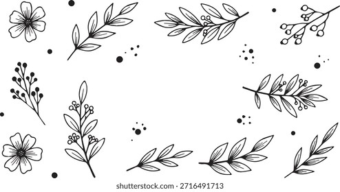 A beautiful collection of hand-drawn botanical elements, including delicate leaves, branches, and flowers, forming an elegant frame on a white background, perfect for invitations or decorative purpos.