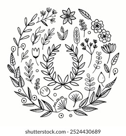 A beautiful collection of hand-drawn floral elements, perfect for adding a touch of elegance and charm to your designs.  This set includes a variety of flowers, leaves, branches, and wreaths.