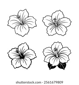 A beautiful collection of hibiscus flower line art illustrations in black and white. Perfect for tattoos, logos, coloring books, and design projects.