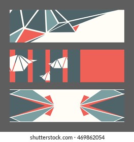 Beautiful collection of horizontal banners, based on blue and red triangles and white background. Vector illustration with laconic design, good for print, isolated on dark background.