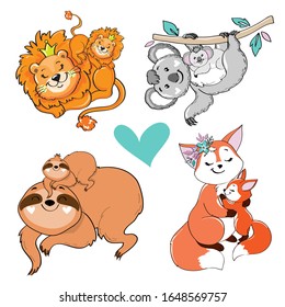 Beautiful collection of illustrations of animals mom with children on a white background. Lion, sloth, fox and koala with their children. Mother's Day Concept