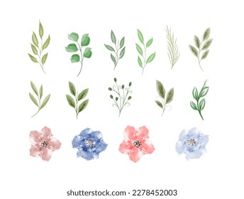 Beautiful collection of leaves and flower watercolor