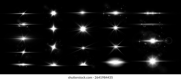 A beautiful collection of light flares, sparkles, glimmers, magic light flashes, flares. Flares for overlaying and giving the effect of illumination, shimmer, flash, sun light reflection. Vector set