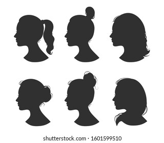 Beautiful collection of profile woman heand with different hairstyles vector