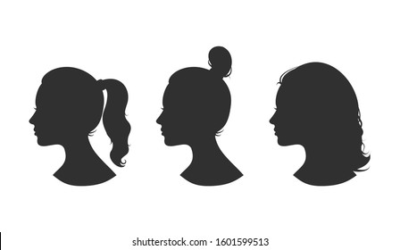 Beautiful collection of profile woman heand with different hairstyles vector