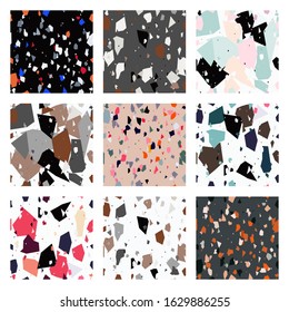 Beautiful collection with seamless pattern terrazzo trendy granite fragments creative backdrop. Chaotic stone pieces on white background. Modern marble textile, tile design vector illustration.