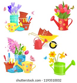 beautiful collection of spring bouquets and gardening equipments for your design