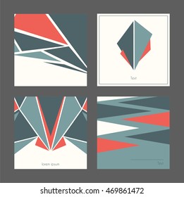 Beautiful collection of square cards, based on blue and red triangles and white background. Vector illustration with laconic design, good for print, isolated on dark background.