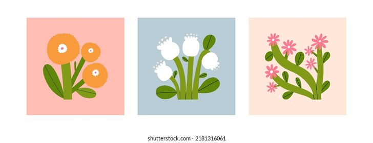 Hermosa colección de tres diferentes ilustraciones vectoriales de Flor. Conjunto floral dibujado a mano. Perfecto para el arte de la pared, embalaje, diseño de papelería 