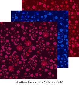 Beautiful collection of three seamless patterns with floral ornaments. Tapestry design with flowers. Vector set. Print for fabric, wallpaper.