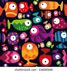 Beautiful collection of tropical fish isolated on dark background, Seamless pattern