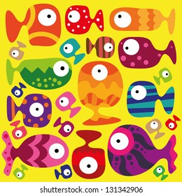 Beautiful collection of tropical fish on the yellow background