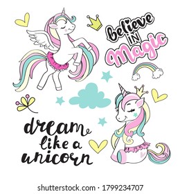 Beautiful collection of unicorn in ballerina skirt and lettering dream like a unicorn