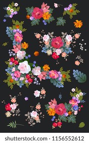 Beautiful collection of various bunches of flowers and floral garlands isolated on black background in vector. Design elements.