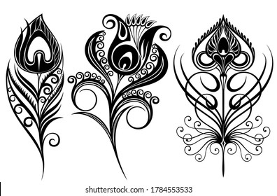 Beautiful collection of vector decorative tattoo peacock feathers