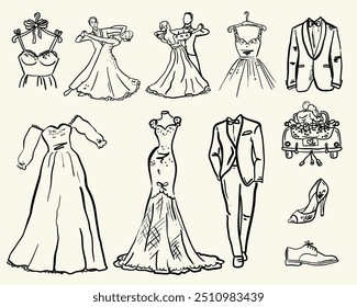 Beautiful collection of vector whimsical style illustrations with a bride and groom big day outfits