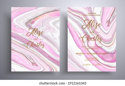 Beautiful collection of wedding invitations with stone texture. Mineral vector covers with marble effect and place for text, pink, gray and white colors. Designed for posters, packaging and etc.