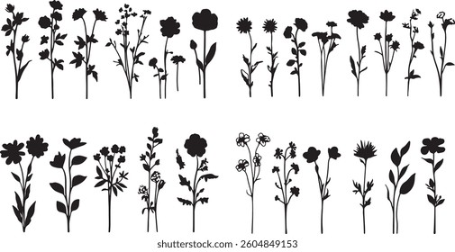 A beautiful collection of wildflower silhouettes in high-resolution vector format. This floral clipart features an elegant assortment of botanical elements, perfect for digital designs, crafting, invi