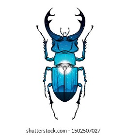 Beautiful color beetle with landscape print on a white background in linear style. Hand-drawn.