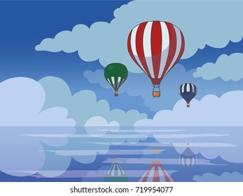 Beautiful color bright background for your business. Red, green and blue balloons in the blue sky with clouds fly over the lake. Mirror reflection of aerostat on the water. Vector illustration.
