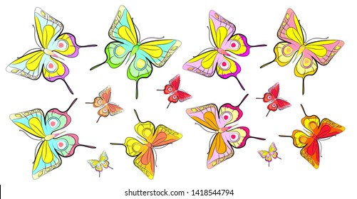 beautiful color butterflies,set, isolated  on a white