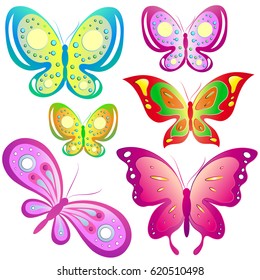 beautiful color butterflies,set, isolated  on a white