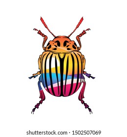 Beautiful color Colorado beetle with landscape print on a white background in linear style. Hand-drawn.