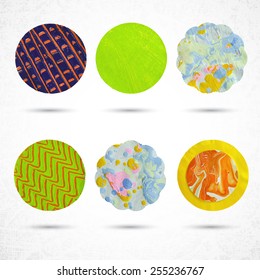 Beautiful color design elements. Various decorative circles made of paper, paint and scissors. Vector illustration.
