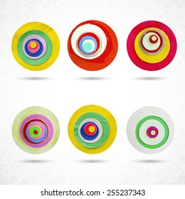Beautiful color design elements. Various decorative circles made of paper, paint and scissors. Vector illustration.