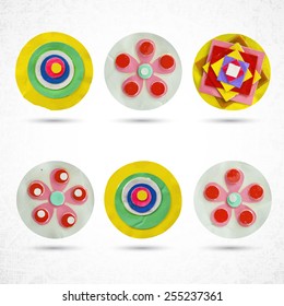 Beautiful color design elements. Various decorative circles made of paper, paint and scissors. Vector illustration.