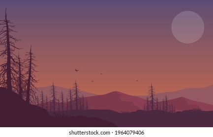 The beautiful color of the evening sky with mountain views and aesthetic silhouettes of dry trees. Vector illustration of a city