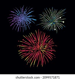 Beautiful color fireworks in the sky. Festive fireworks vector. New Year's pyrotechnics