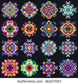 beautiful color mandala of pixels collection of vintage objects