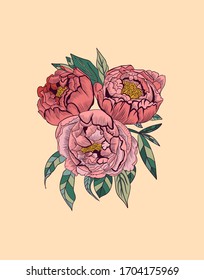 Beautiful color peony isolated. Vector illustration. Hand-drawn contour line. for greeting cards and invitations of wedding, birthday, mother's day and other seasonal holiday
