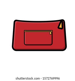 Beautiful color red flat icon of a woman’s handbag for beauty and makeup cosmetics bags isolated on a white background. Vector illustration